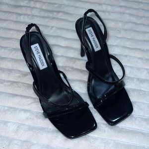 Steve Madden Glossy Black Square Toe Strappy Heels